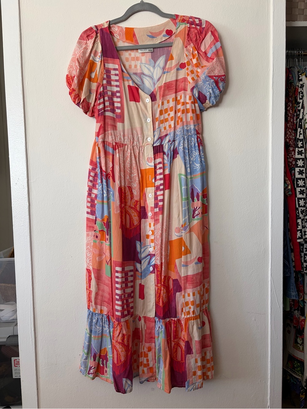 Vintage-Inspired Multicolor Button-Front Midi Dress